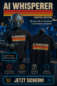 Robot in a black shirt with 'AI WHISPERER' graphic presents limited edition merch; holds a matching shirt on a hanger in a techy store setting.