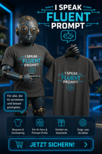 Robot in a dark T-shirt that reads 'I Speak Fluent Prompt' beside a matching shirt, with neon blue promo graphics in the background.