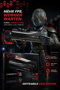 Robot figure presents a G.Skill Trident Z5 Neo DDR5 RAM module against a dark tech backdrop; product box visible nearby, promotional ad style.
