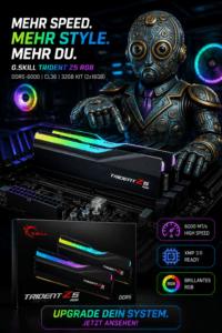 Futuristic robot installing G.Skill Trident Z5 RGB DDR5 RAM modules with neon lighting.