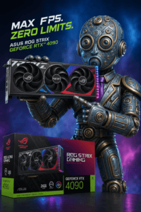 Robot holding an ASUS ROG Strix GeForce RTX 4090 graphics card in front of a dark blue background with neon green text stating 'MAX FPS. ZERO LIMITS.'