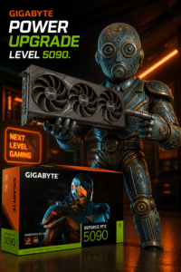 Robotic figure holding a GIGABYTE GeForce RTX 5090 graphics card with the product box nearby and a 'Next Level Gaming' sign in the background.